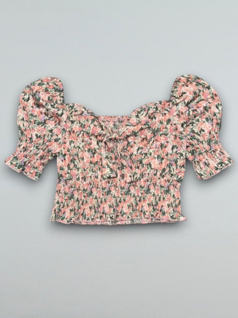 Floral Smocked Crop Top Puff Sleeve Bow Neckline Pink Cream Womens M